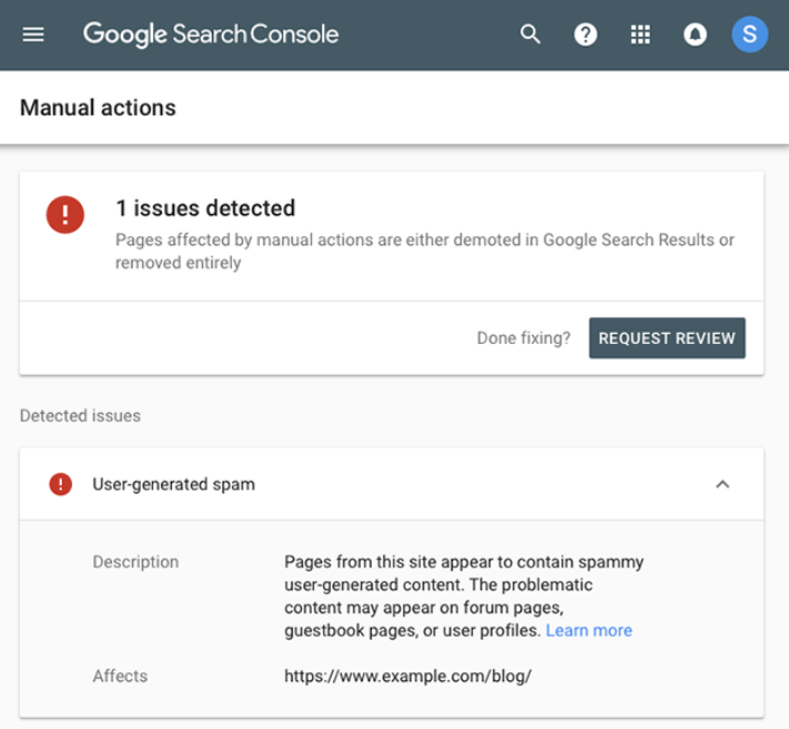 Google Search Console manual actions - Source : searchengineland.com
